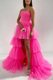 New Design High Low Tulle tiered Fuchsia Prom Dresses 2024 Strapless with Ruffles