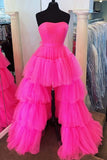New Design High Low Tulle tiered Fuchsia Prom Dresses 2024 Strapless with Ruffles