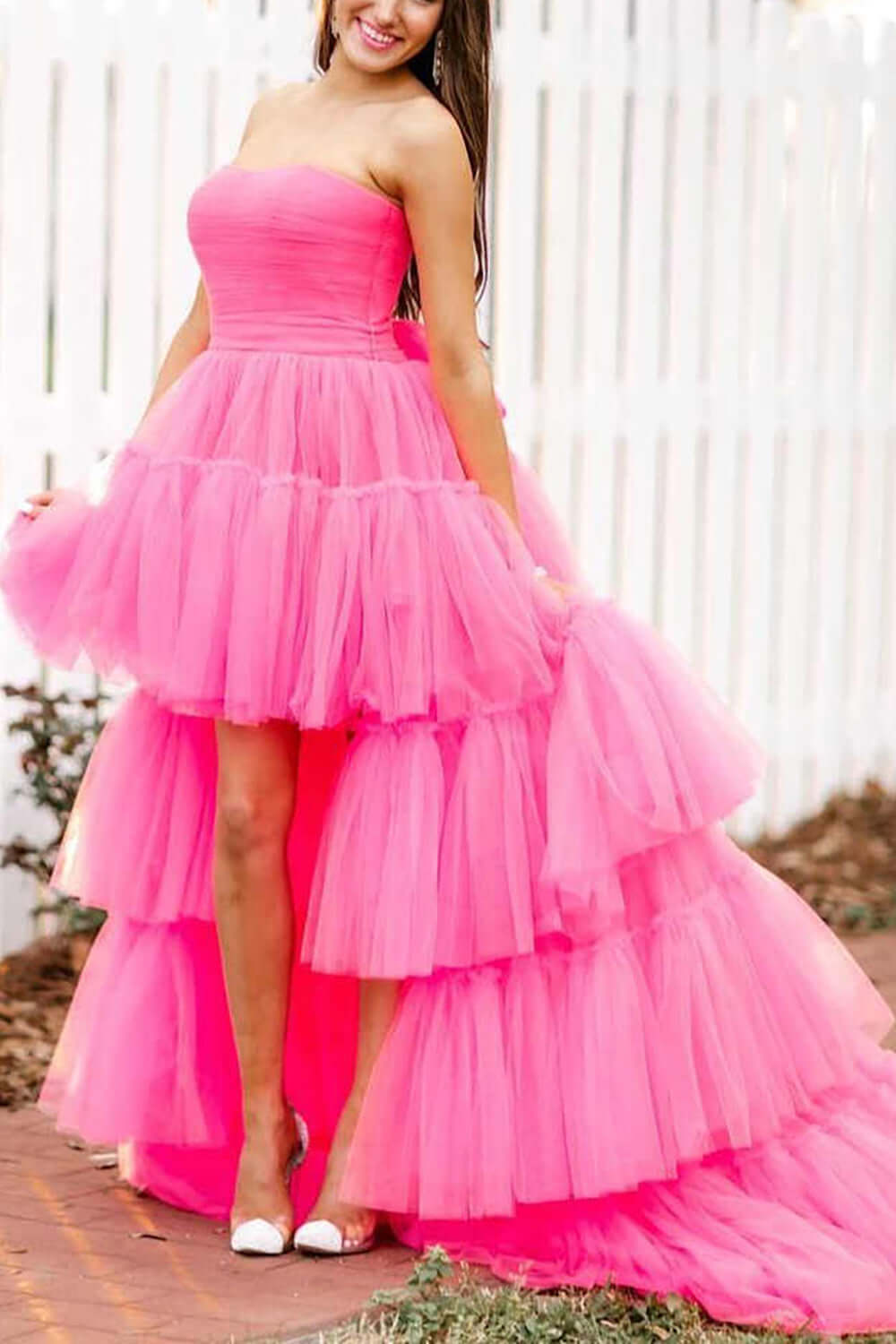 Simple A Line Tulle Ruffle Pink Prom Dresses Strapless Modest Formal E