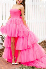 New Design High Low Tulle tiered Fuchsia Prom Dresses 2024 Strapless with Ruffles