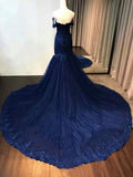 New Lace Navy Blue Prom Dresses Tulle Vintage Evening Dress Off The Shoulder