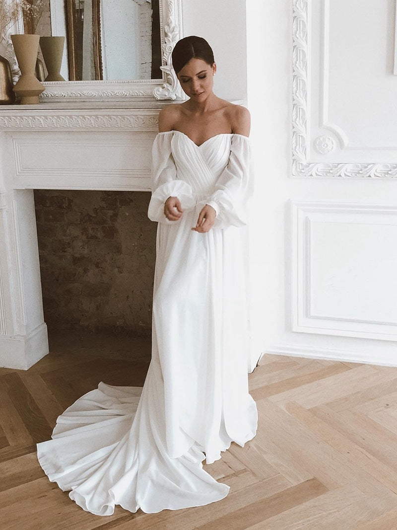Off the Shoulder Chiffon Beach Long-Sleeve Wedding Dresses, Champagne / UK 8 Off the Shoulder Chiffon Beach Long-Sleeve Wedding Dresses, Champagne / UK 8