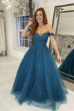Shiny Blue Lace Long Prom Dresses Off Shoulder Evening Dresses