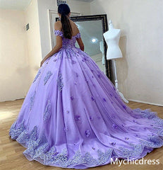 Ball Gown Lace Applique Lilac Quinceanera Dresses Off Shoulder Sweet 16 Dresses