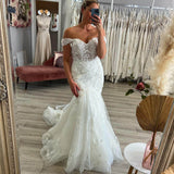 Off Shoulder Lace Wedding Dresses Mermaid Tulle Bridal Gowns Appliques Sweep Train
