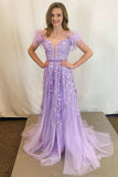 Off Shoulder Purple Lace Prom Dresses Long V Neck Formal Dress with Feathers