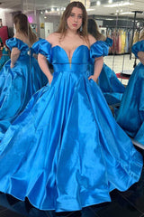 Off Shoulder Satin Plus Size Prom Dresses Royal Blue Formal Dress with Bubble Sleeves