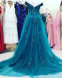 Off The Shoulder Prom Dresses 2023 Green Mermaid Lace Evening Dress Detachable Train