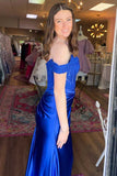 Off the Shoulder Lace Bone Royal Blue Prom Dresses UK with Ruffles