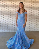 Off the Shoulder Light Blue Prom Dresses Sequin Mermaid Long Formal Dress