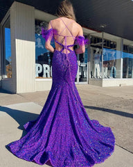 Off the Shoulder Long Iridescent Sequins Purple Prom Dresses with Feather