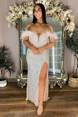 Off the Shoulder Plus Size Prom Dresses Iridescent Sequin Feathers with Slit