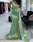 One Shoulder Mermaid Sage Green Prom Dresses UK Wedding Guest Dresses