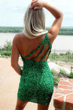 Green Sequins Short Prom Dresses One Shoulder Open Back Homecoming Dress