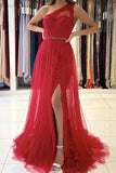 Red Lace Tulle Prom Dresses One Shoulder Mermaid Evening Dresses Sequin Belt