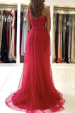 Red Lace Tulle Prom Dresses One Shoulder Mermaid Evening Dresses Sequin Belt