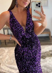 2024 One Shoulder Sequin Purple Prom Dresses Tighted Mermaid Formal Dress Long