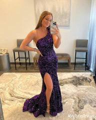 2024 One Shoulder Sequin Purple Prom Dresses Tighted Mermaid Formal Dress Long