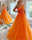 Hot Orange Lace Beaded Prom Dresses V Neck Tulle Sleeveless Evening Dress UK