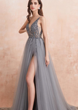 Sheath Beading Sequins Sleeveless V Neck Tulle Prom Dresses