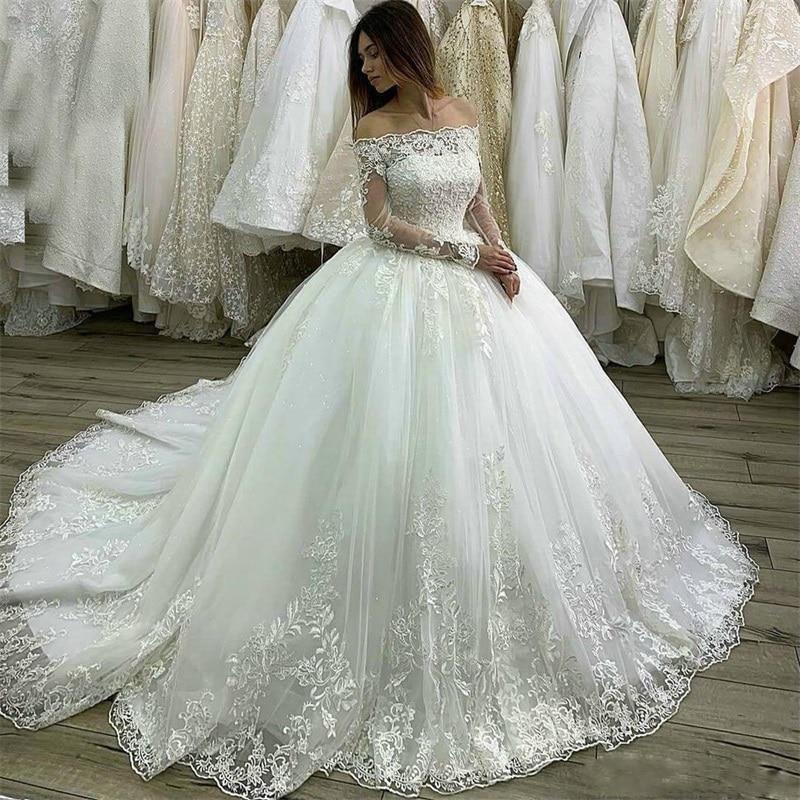 Princess Long Sleeves Off the Shoulder Lace Ball Gown Wedding Dresses ...