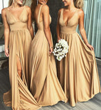 Backless Long Beach V-Neck Gold Bridesmaid Dresses Slit Side