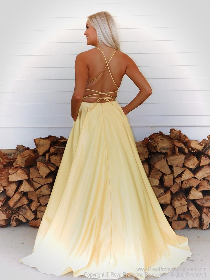 V Neck Open Back Yellow Satin Long Prom Dresses with Flowers, Long Yel –  Eip Collection