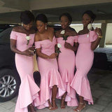 Cheap Off the Shoulder Pink Bridesmaid Dresses Hi Low Wedding Guest Dress