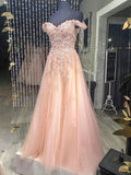 Cheap Pink Lace Prom Dresses Off Shoulder Tulle Long Evening Dresses
