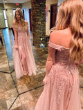 Long Pink Lace Prom Dresses Off the Shoulder Formal Evening Dresses