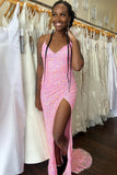 Pink Long V Neck Prom Dress Mermaid Straps Sequins Evening Dress UK with Slit