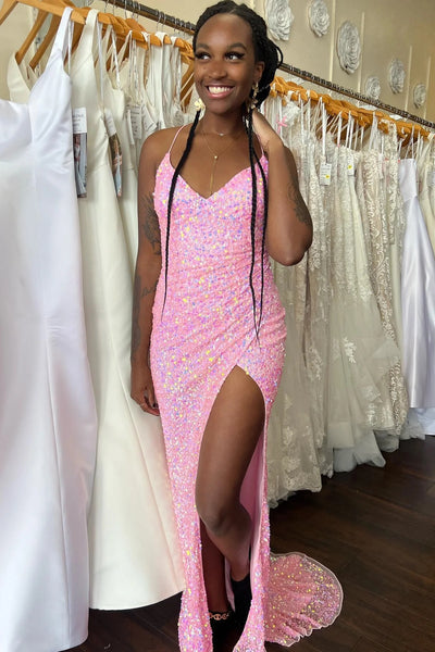 2024 Hot Pink V Neck Sequins Long Prom Dresses Crossed Back
