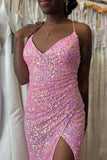 Pink Long V Neck Prom Dress Mermaid Straps Sequins Evening Dress UK with Slit