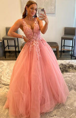 Pink Lace 2024 Prom Dresses Long Sexy Formal Dresses with Beaded