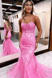 Corset Pink Prom Dresses Mermaid Lace Long Beaded Formal Dresses Strapless