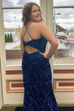 Plus Size Blue Sequin Iridescent Prom Dresses Spaghetti Straps Sweetheart with Slit