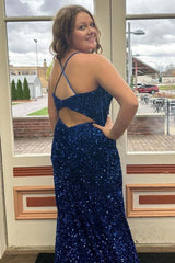 2024 Plus Size Blue Sequin Iridescent Prom Dresses Spaghetti Straps
