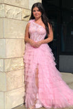 Plus Size Lace Prom Dresses One Shoulder Multi-Tiered with Ruffles