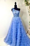 Plus Size Lace Prom Dresses One Shoulder Multi-Tiered with Ruffles