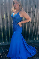 Plus Size Prom Dresses Sparkly Royal Blue Sequins Long Formal Dress Spaghetti Straps