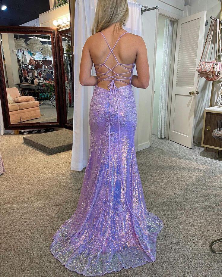 Backless V Neck Lavender Lace Appliques Prom Dress With Slit