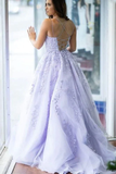 Pretty Lavender Lace Long Prom Dresses Appliqued Cross Back UK Formal Dress