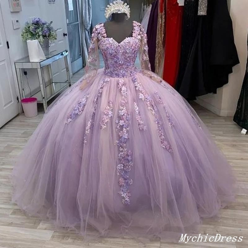 Long Sleeve Mauve Quinceanera Dresses Princess Flowers Lilac Ball