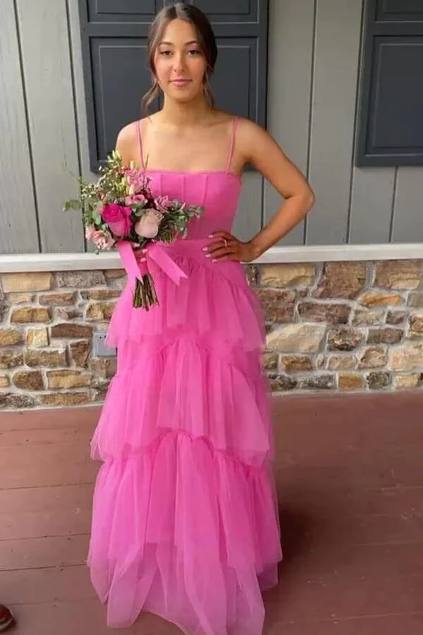 MyChicDress Princess Long Hot Pink Prom Dresses Ruffle Tiered Formal Dress Spaghetti Straps US0 Hot Pink