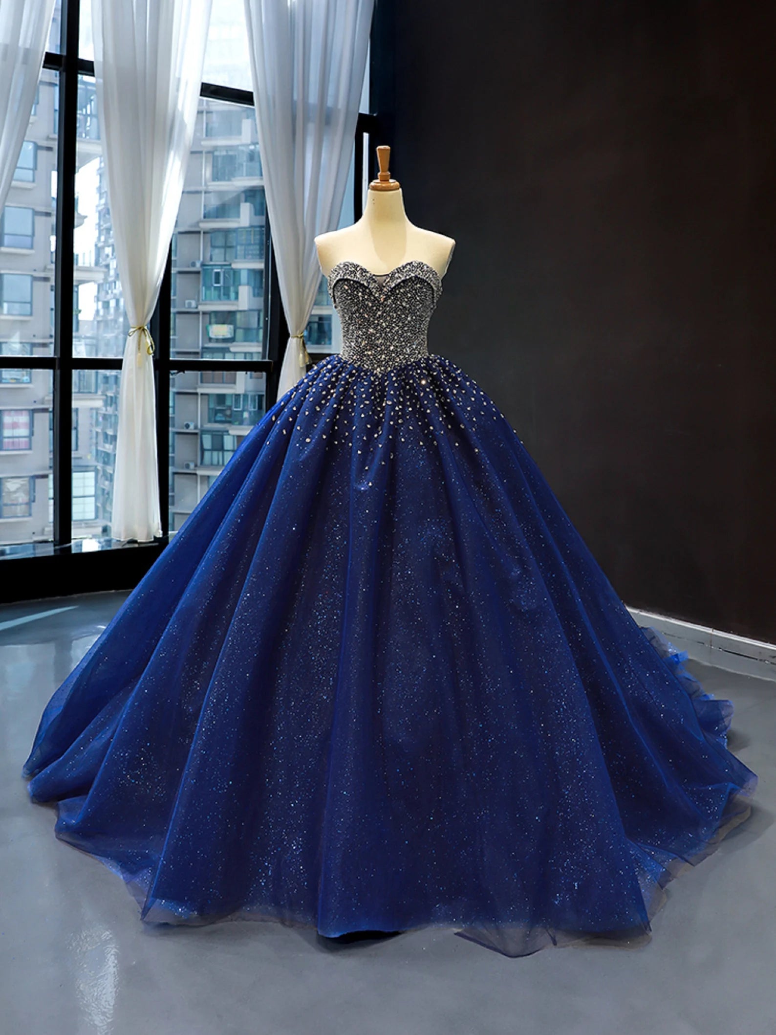 Rihanna Navy Blue Ball Gown Prom Celebrity Dress Diamond Ball