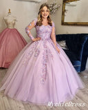 Princess Flowers Lilac Ball Gown Quinceanera Dresses Long Sleeves Lace Up Back
