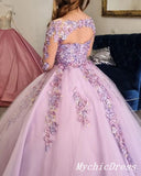Princess Flowers Lilac Ball Gown Quinceanera Dresses Long Sleeves Lace Up Back