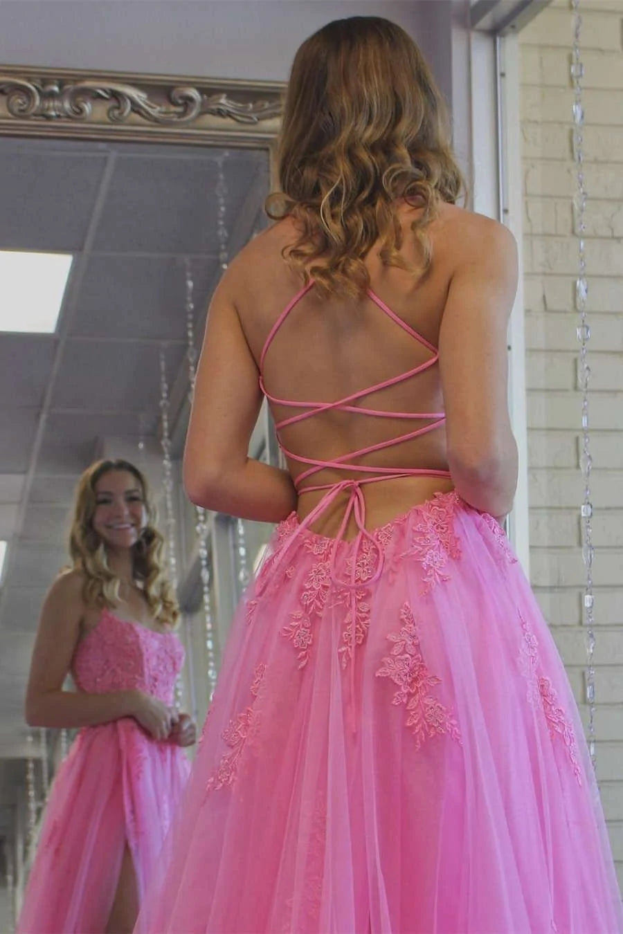 Strappy Back Pastel Pink Tulle Flounced Prom Dress - Xdressy