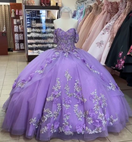 Princess Lace Lavender 2024 Quinceanera Dress Ball Gown 3D Flowers Swe ...