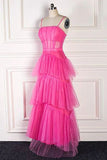 Princess Long Hot Pink Prom Dresses Ruffle Tulle Tiered Formal Dress Spaghetti Straps